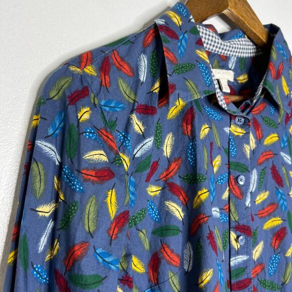 Talbots Blue Feather Print Button Down Top M Vibrant Pattern Preppy Women's - Picture 2 of 7